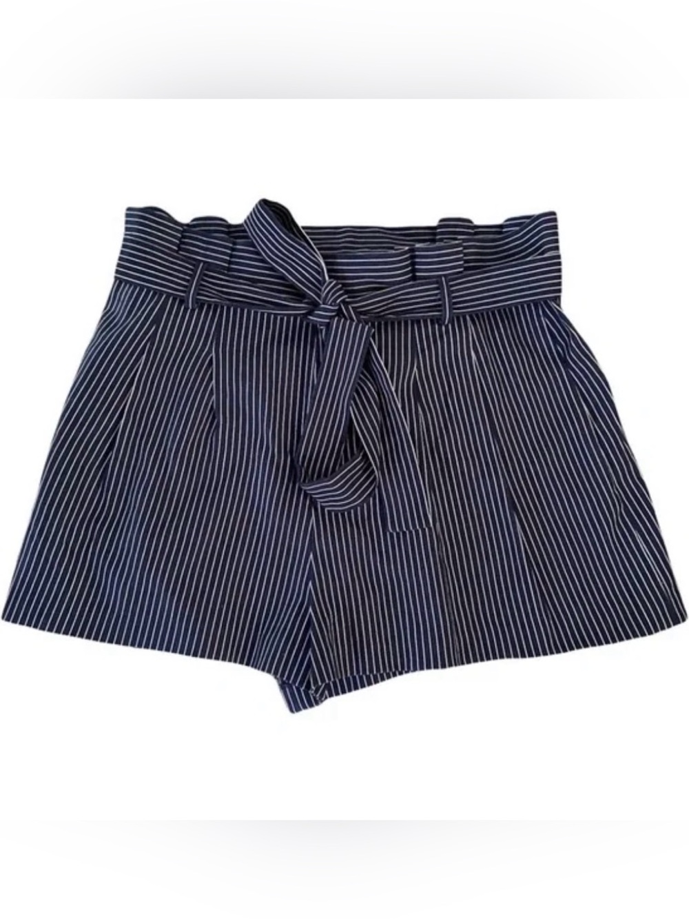 Alice + Olivia Laurine Navy and White Pinstripe Paperbag Waist Shorts with Tie